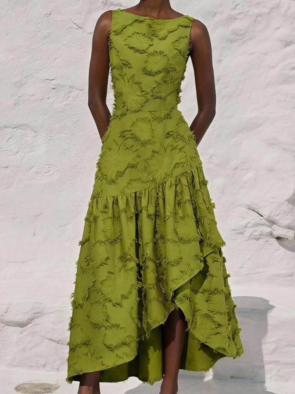 Green Elegant Women's Round Neck Sleeveless Waist-Cinched Skirt Dress
